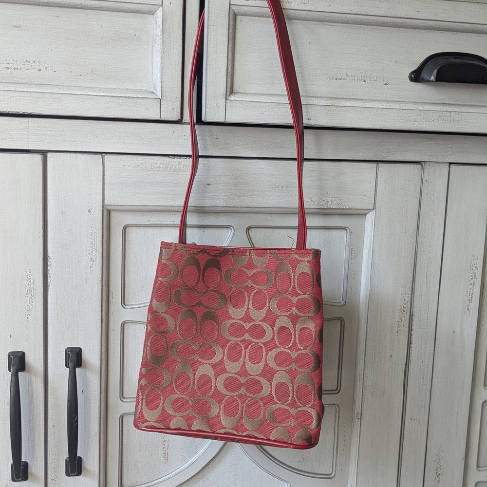 Coach Brown and Red Signature Canvas Shoulder Bag - Picture 3 of 4